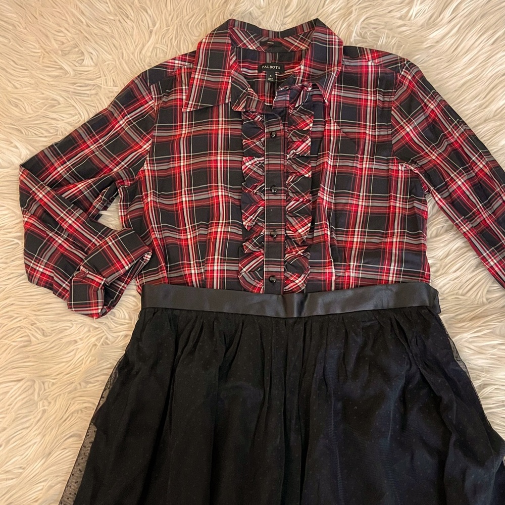 Talbots Plaid Blouse & Black Formal Skirt